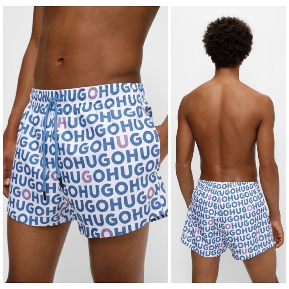 HUGO BOSS Logo-Print Swim Shorts in Blue / White Quick-Drying MENS Sz XL NWT